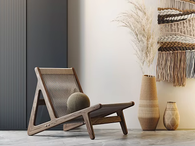 Minimalist Wooden Lounge Chair With Woven Seat Natural Vases And Macramé Decor 3d model