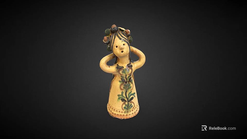 Ceramic Female Figurine With Green Floral Decorations On Head And Dress 3d model 