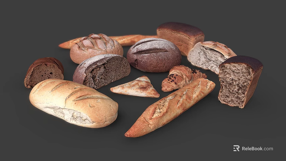 Assorted Fresh Bread Varieties Including Baguette Croissant Sourdough And Whole Grain Loaves 3d model 