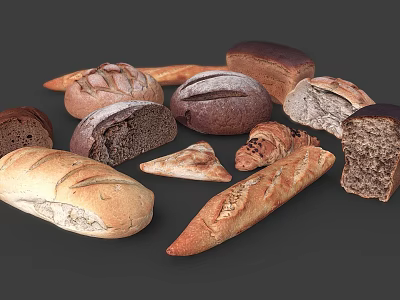 Assorted Fresh Bread Varieties Including Baguette Croissant Sourdough And Whole Grain Loaves 3d model