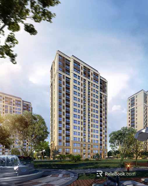 High rise modern residential building with exterior design surrounding green trees and blue sky 3d model 