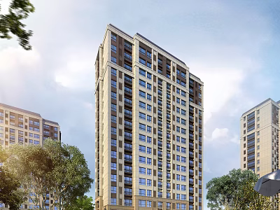 High rise modern residential building with exterior design surrounding green trees and blue sky 3d model