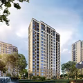 High rise modern residential building with exterior design surrounding green trees and blue sky