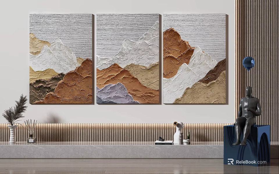 Three Panel Abstract Textured Landscape Paintings Modern Interior Wall Art Decor 3d model