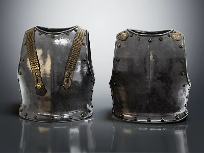 Pair of Ancient Metal Breastplate Armor With Gold Straps And Riveted Design 3d model