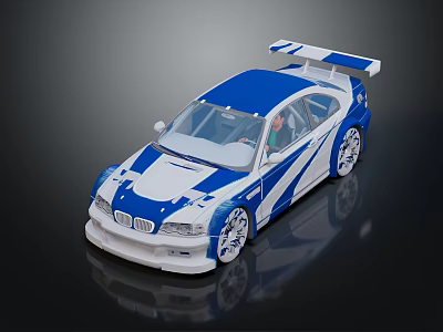 Blue and white race car model with sporty design rear spoiler on black reflective surface 3d model