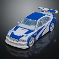Blue and white race car model with sporty design rear spoiler on black reflective surface