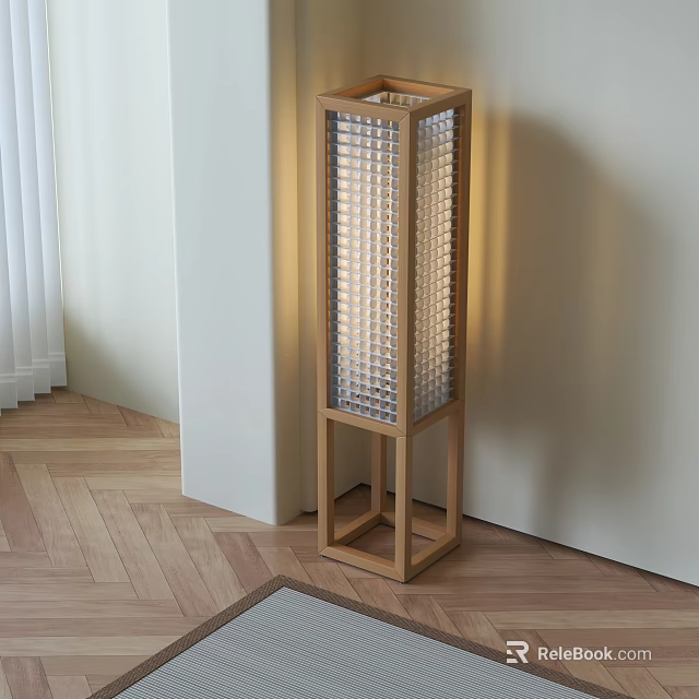 Warm Glow Wooden Frame Floor Lamp With Grid Design In Modern Interior 3d model 
