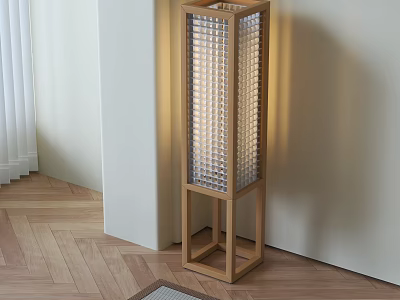 Warm Glow Wooden Frame Floor Lamp With Grid Design In Modern Interior 3d model