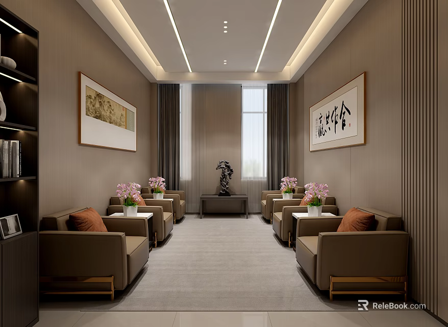 Elegant Hotel Public Lounge with Brown Sofas Orange Cushions Decorative Paintings and Pink Flowers 3d model 