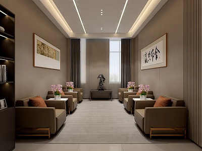 Elegant Hotel Public Lounge with Brown Sofas Orange Cushions Decorative Paintings and Pink Flowers 3d model