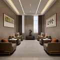 Elegant Hotel Public Lounge with Brown Sofas Orange Cushions Decorative Paintings and Pink Flowers