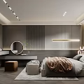 Modern Bedroom Interior Design With Bed Blanket Round Mirror Dressing Table And Lighting 3d model