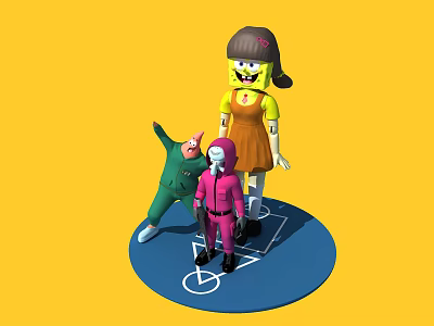 Three Colorful Dolls With Brown Hair And Different Outfits On Blue Platform Yellow Background 3d model