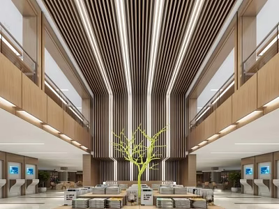 Modern Store Front Desk Area With Wooden Ceiling Pendant Lights And Green Plants 3d model