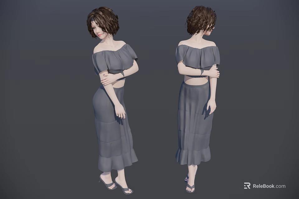 Woman In Gray Off Shoulder Top Long Layered Skirt With Bracelet Side And Back Views 3d model 