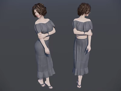 Woman In Gray Off Shoulder Top Long Layered Skirt With Bracelet Side And Back Views 3d model