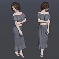 Woman In Gray Off Shoulder Top Long Layered Skirt With Bracelet Side And Back Views
