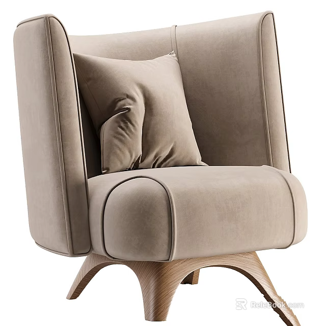 Elegant Light Beige Accent Chair With Pillow And Wooden Legs Modern Stitched Details 3d model 