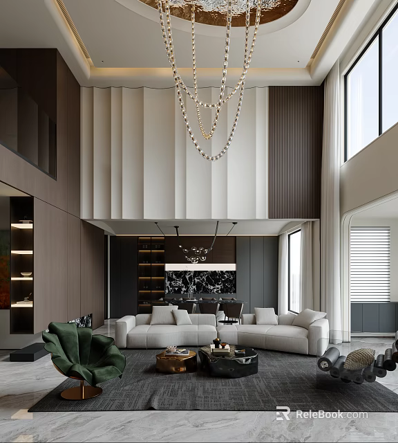 Modern Duplex Living Room With High Ceiling Chandelier And Floor To Ceiling Windows 3d model 