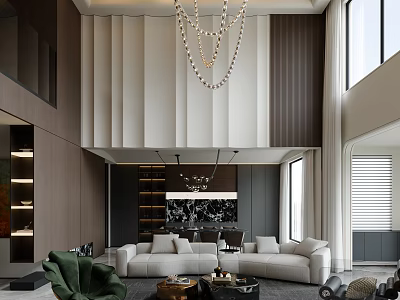 Modern Duplex Living Room With High Ceiling Chandelier And Floor To Ceiling Windows 3d model