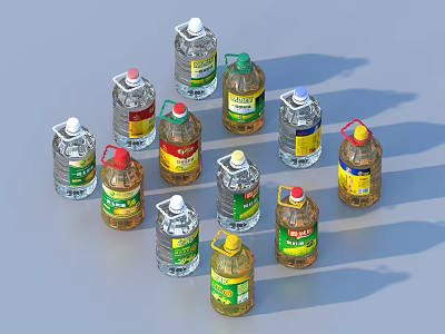 Various Bottled Kitchen Condiments With Different Colors And Labels 3d model