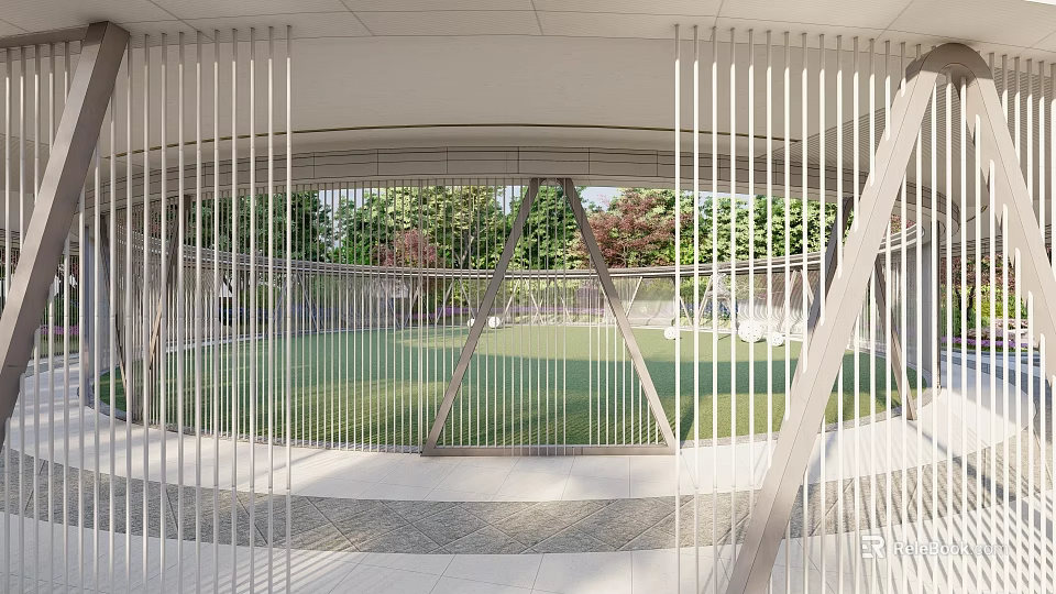 Modern Outdoor Pergola with Metal Slats Design Surrounded by Green Lawn and Trees 3d model 