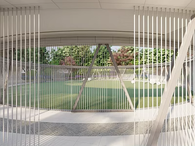Modern Outdoor Pergola with Metal Slats Design Surrounded by Green Lawn and Trees 3d model