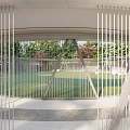 Modern Outdoor Pergola with Metal Slats Design Surrounded by Green Lawn and Trees