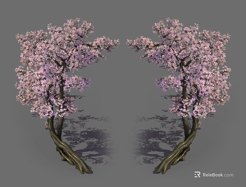 Beautiful Symmetrical Pink Flowering Arbors With Curved Trunks And Shadowy Backdrop 3d model 