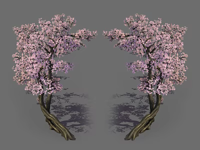 Beautiful Symmetrical Pink Flowering Arbors With Curved Trunks And Shadowy Backdrop 3d model