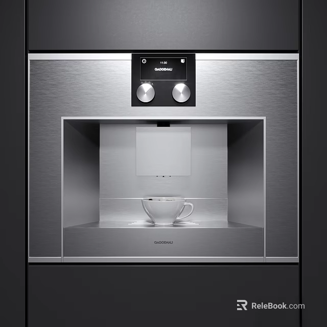 Modern Stainless Steel Coffee Machine With Digital Display And White Cup On Kitchen Counter 3d model 