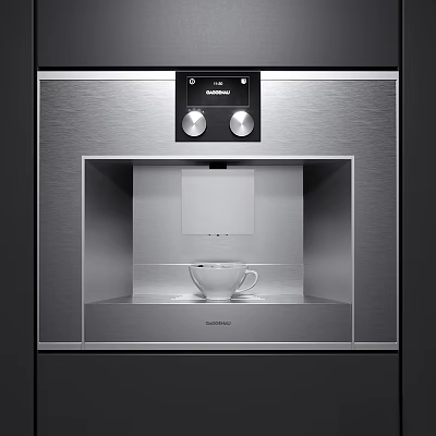Modern Stainless Steel Coffee Machine With Digital Display And White Cup On Kitchen Counter 3d model