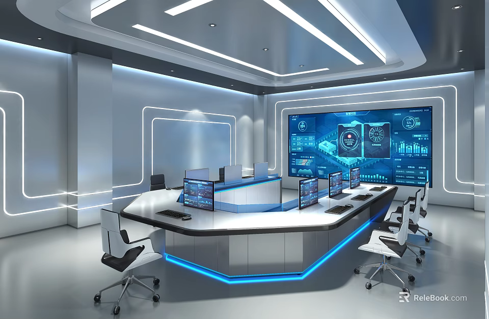 Modern Office Control Room With Large Screens Console Desk And Ergonomic Chairs 3d model 
