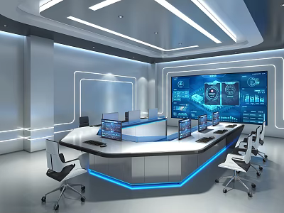 Modern Office Control Room With Large Screens Console Desk And Ergonomic Chairs 3d model