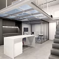 Modern Public Office Space With Workstations Long Desks Office Chairs Staircase Mezzanine And Projector Screen