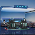 Futuristic Exhibition Hall with Seats Glowing Lines Large Screens City Night View and Person Standing