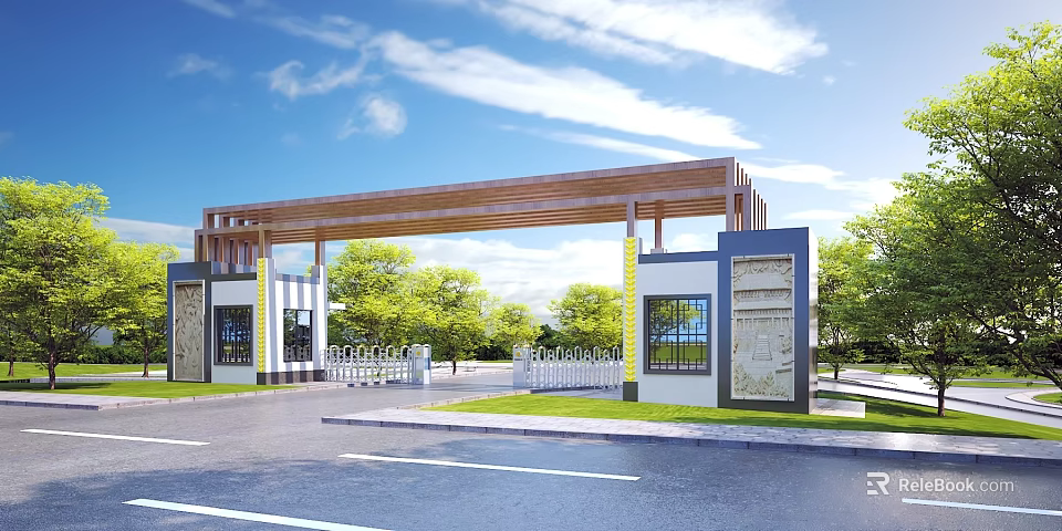 Modern Entrance Gate Design With Wooden Roof And White Yellow Walls Green Trees Blue Sky 3d model 