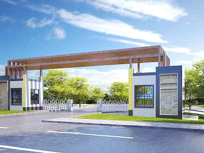 Modern Entrance Gate Design With Wooden Roof And White Yellow Walls Green Trees Blue Sky 3d model
