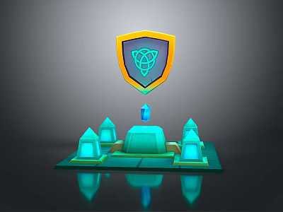 Fantasy Landscape Featuring Blue Clover Shield And Four Spire Structures On Reflective Base 3d model