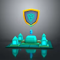 Fantasy Landscape Featuring Blue Clover Shield And Four Spire Structures On Reflective Base