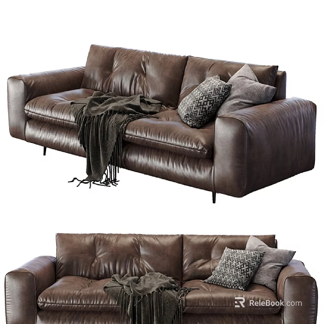 Modern Brown Leather Two-Seater Sofa With Throw Pillows Blanket And Metal Legs 3d model 