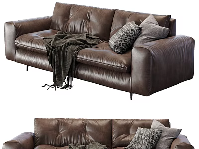 Modern Brown Leather Two-Seater Sofa With Throw Pillows Blanket And Metal Legs 3d model