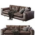 Modern Brown Leather Two-Seater Sofa With Throw Pillows Blanket And Metal Legs