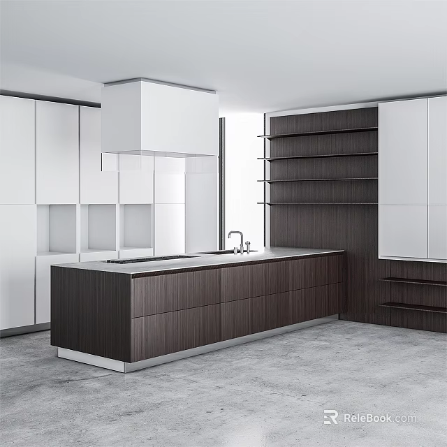Modern Contemporary Kitchen Interior With Dark Wood And White Cabinets And Sleek Island Countertop 3d model 