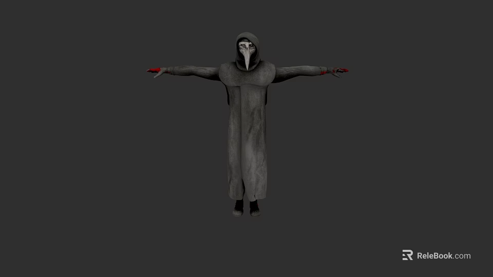 Game Movie Character With Hooded Gray Robe White Masked Face Outstretched Hands Red Nails 3d model 