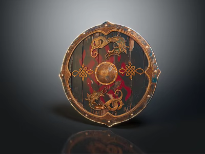Ancient Decorative Shield with Intricate Dragon Patterns Red Gold Accents Brass Rivets Wooden Surface 3d model