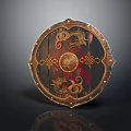 Ancient Decorative Shield with Intricate Dragon Patterns Red Gold Accents Brass Rivets Wooden Surface