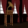 Vintage Gramophone With Golden Horn Wooden Base Decorations In Room Red Curtains Black Walls Wooden Floor