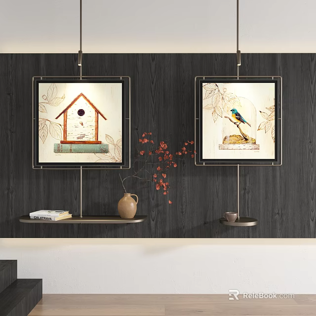 Two Abstract Paintings Featuring Birdhouse and Bird Art on Wooden Wall with Hanging Lamps and Shelves 3d model 